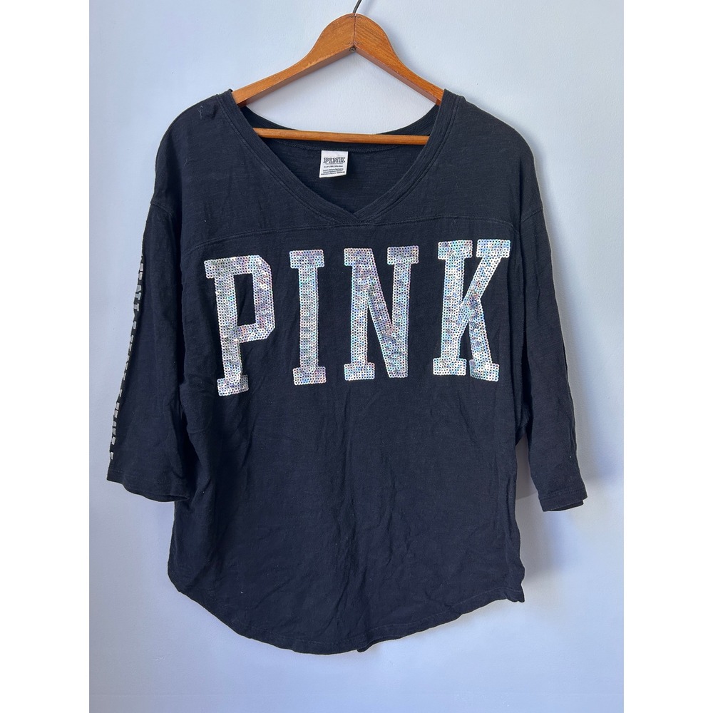 Victoria's Secret PINK Black Sequin V-Neck Jersey Tee 3/4 Sleeve Small